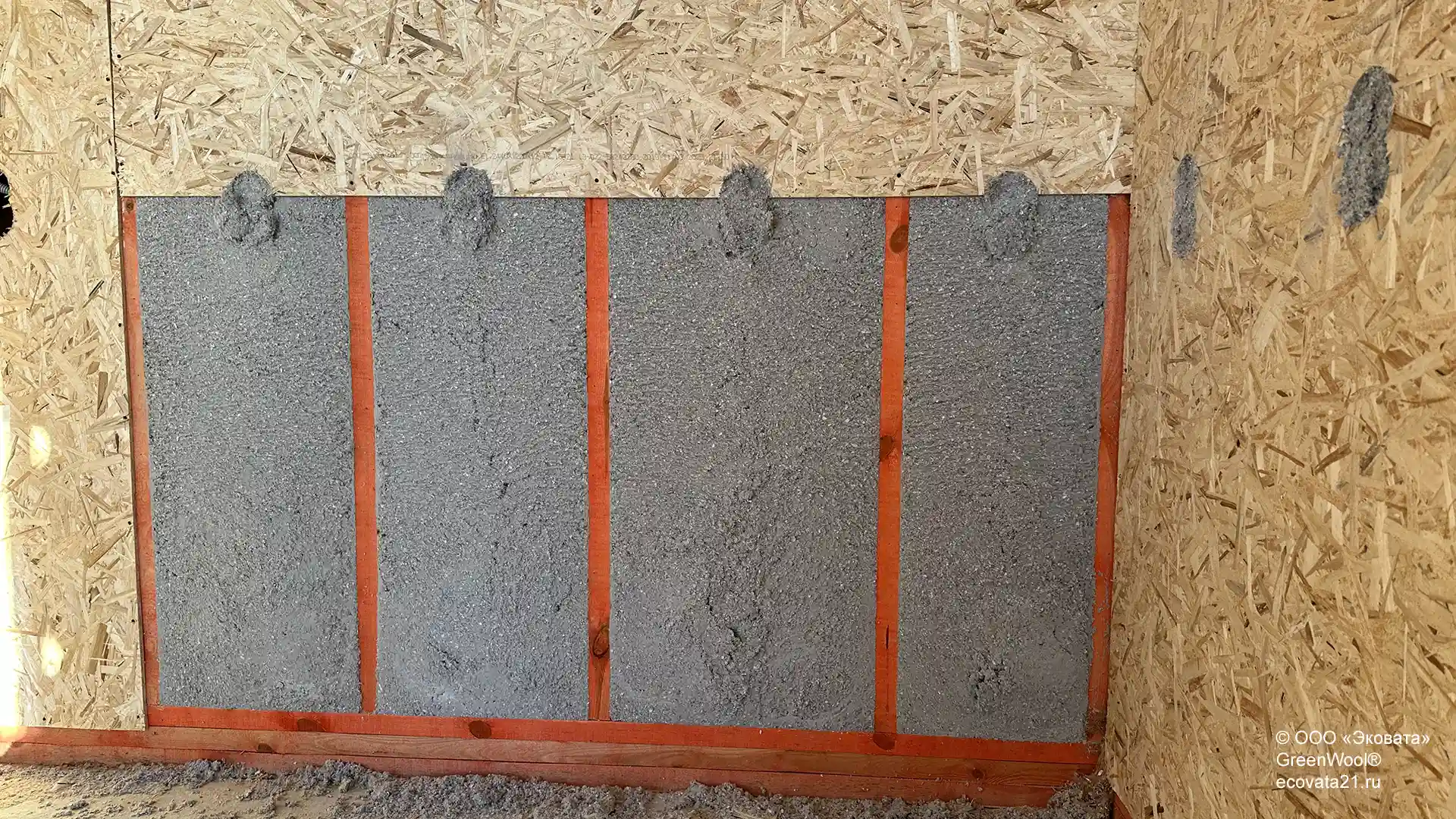 100% бесшовное заполнение каркасных стен. Мы утеплили Эковатой GreenWool 22 дома базы отдыха в Чувашии.